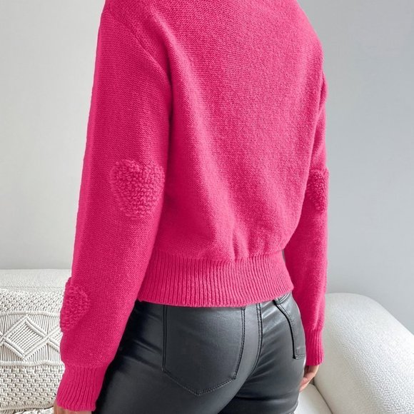 Pink Casual Womens Heart Knit Drop Shoulder Sweater - Picture 2 of 5